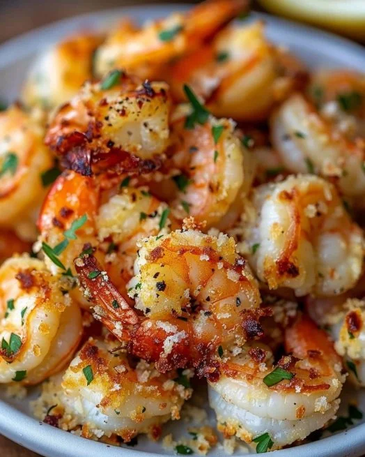 Plate of air fryer garlic parmesan shrimp garnished with herbs