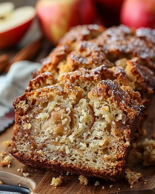 Delicious homemade apple bread sliced on a wooden cutting board