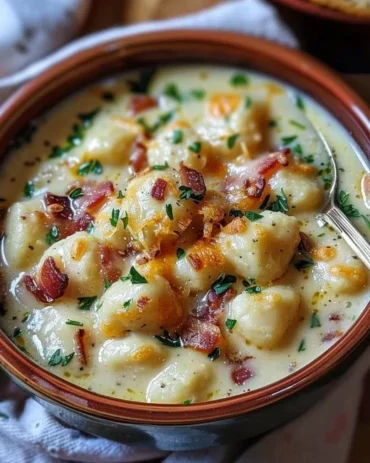Creamy Bacon Cheddar Gnocchi Soup in a bowl with crispy bacon and herbs