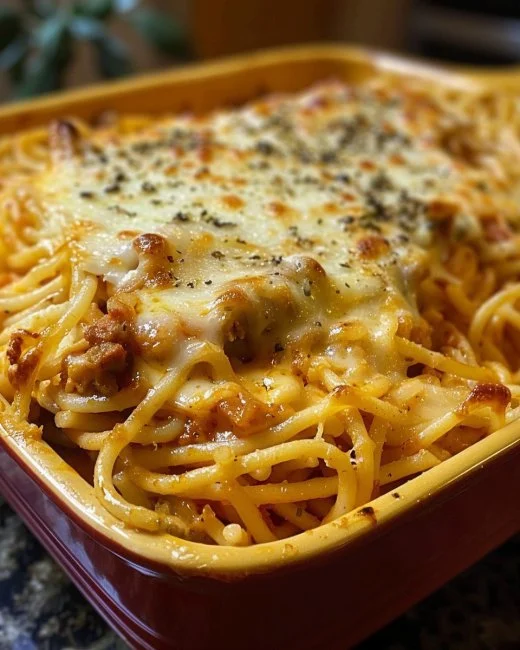 Baked Cream Cheese Spaghetti Casserole 2 Baked cream cheese spaghetti casserole served in a dish with melted cheese on top.