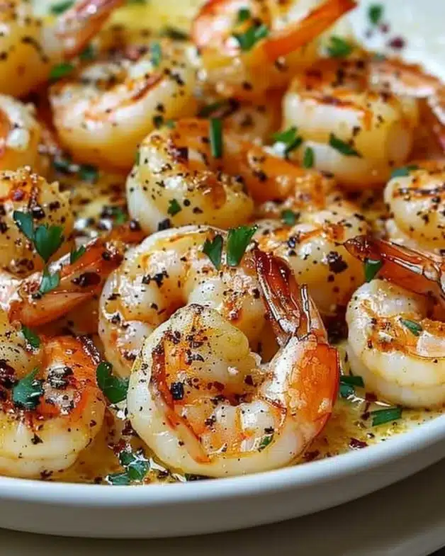 Delicious baked garlic parmesan shrimp served with herbs