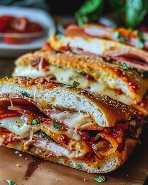 Delicious Baked Italian Grinder Sandwich with melted cheese and fresh ingredients