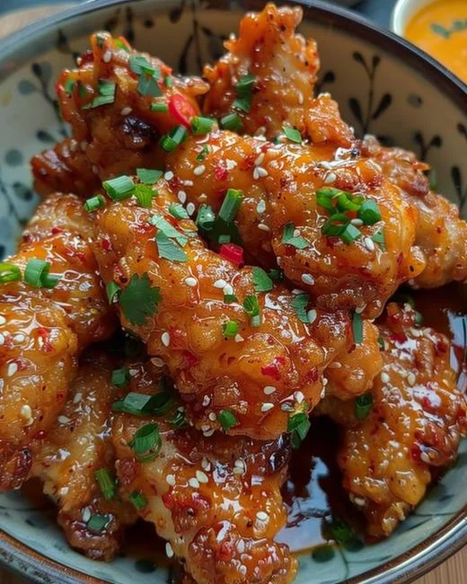 Delicious Bang Bang Chicken served with spicy sauce and garnished with green onions.