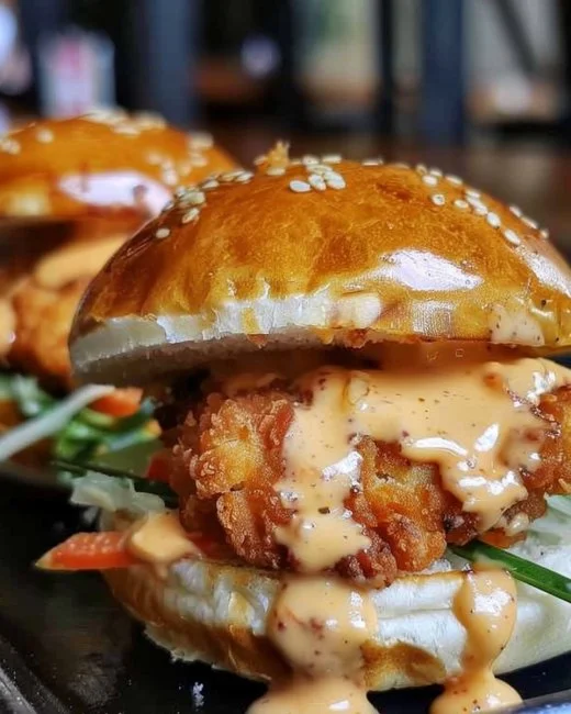 Bang Bang Chicken Sliders served with spicy sauce and fresh toppings