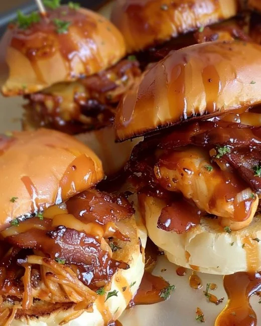 BBQ chicken and bacon baked sliders garnished and ready to serve