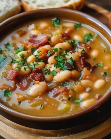A hearty bowl of Bean with Bacon Soup garnished with fresh herbs