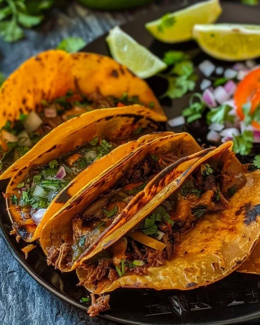Delicious plate of Birria Tacos with broth and fresh toppings