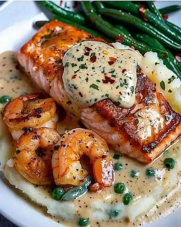 Cajun shrimp and salmon served in garlic cream sauce
