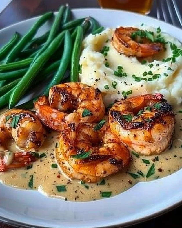 Cajun shrimp and salmon in garlic cream sauce with mashed potatoes and green beans