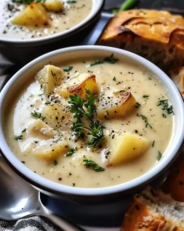 Bowl of creamy Cheddar Garlic Herb Potato Soup topped with fresh herbs.
