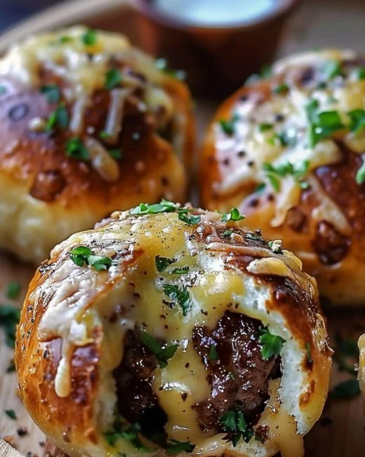 Cheeseburger Bombs 2 Cheeseburger bombs stuffed with gooey cheese and savory beef