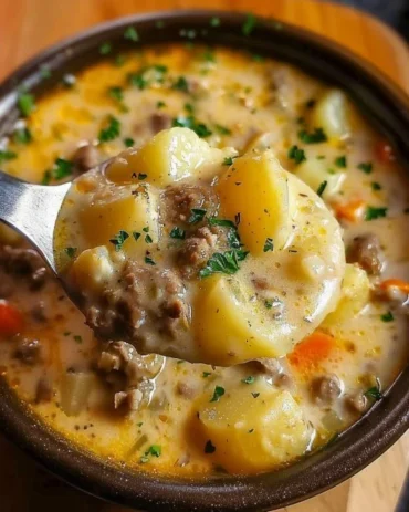 Cheesy beef and potato soup in a bowl, garnished with parsley
