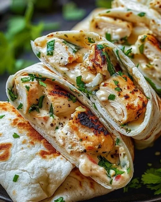 Cheesy Garlic Chicken Wraps 2 Cheesy Garlic Chicken Wraps served with fresh vegetables