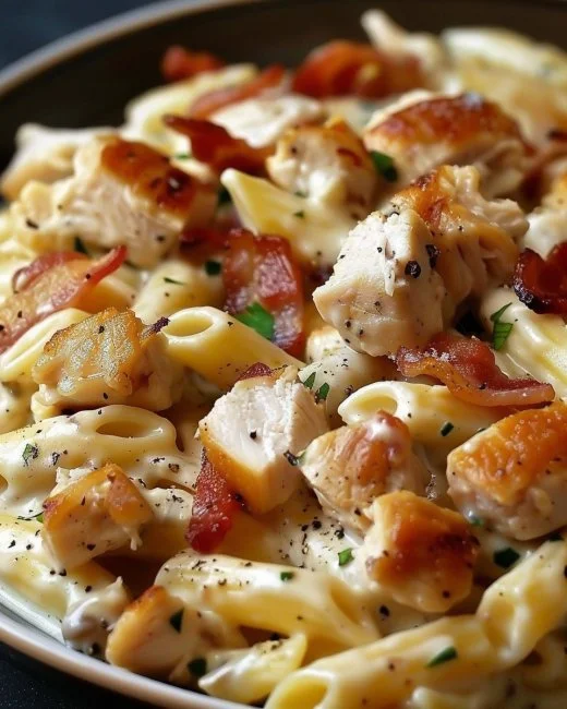 Chicken Bacon Ranch Pasta 2 Delicious Chicken Bacon Ranch Pasta topped with crispy bacon