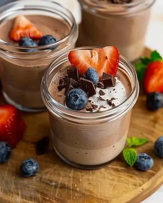 A bowl of creamy chocolate protein pudding topped with chocolate shavings