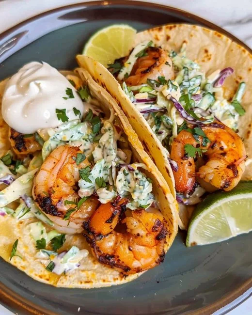 Cilantro Lime Shrimp Tacos with fresh ingredients and lime garnish
