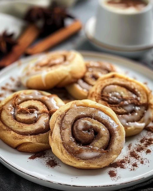 Freshly baked cinnamon roll cookies with icing and cinnamon swirls