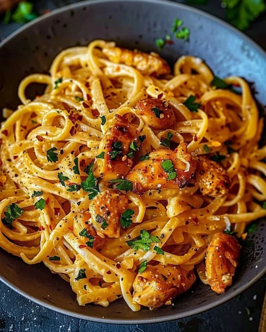 Plate of Cowboy Butter Chicken Linguine topped with fresh herbs