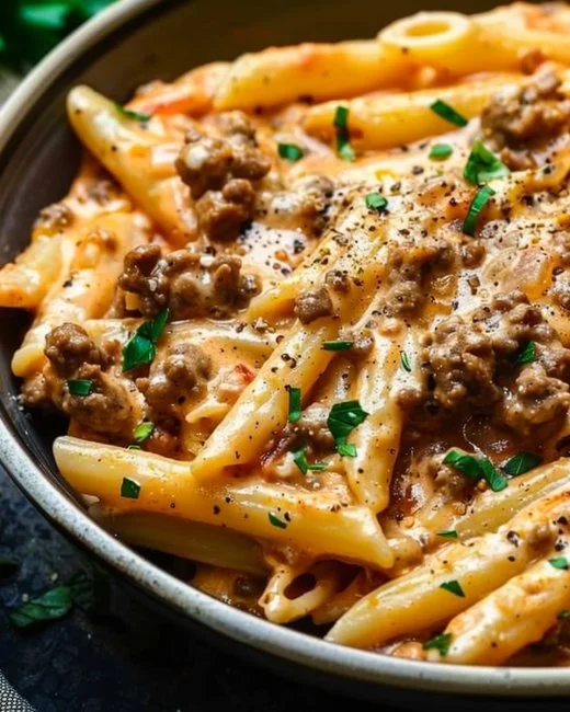 Creamy beef pasta dish served in a bowl with fresh herbs garnishing