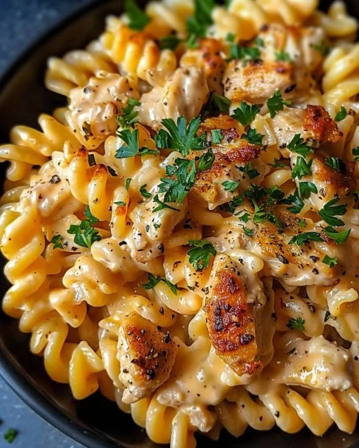 Creamy garlic parmesan chicken pasta served in a bowl with herbs and cheese