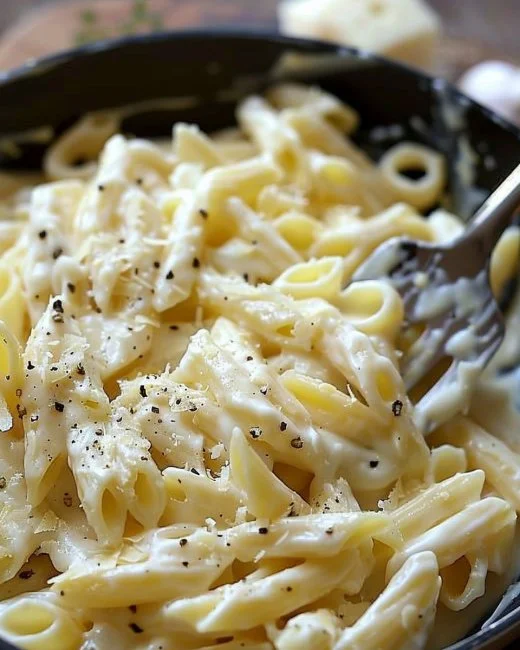 Bowl of creamy garlic pasta garnished with parsley and garlic bread