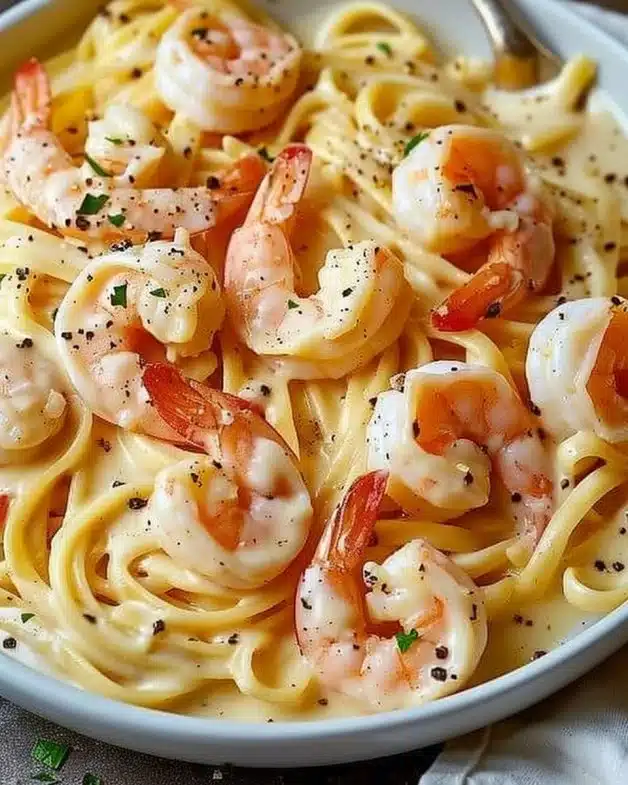 Creamy garlic shrimp pasta served in a bowl with herbs and spices