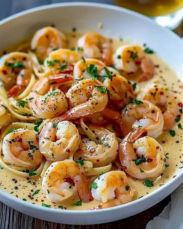 Delicious creamy garlic shrimp pasta with herbs and spices