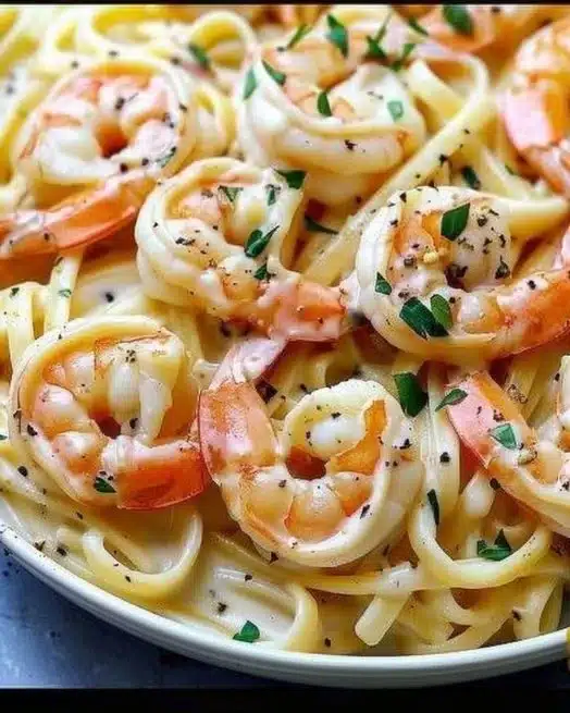 Delicious creamy garlic shrimp pasta served in a bowl with herbs.