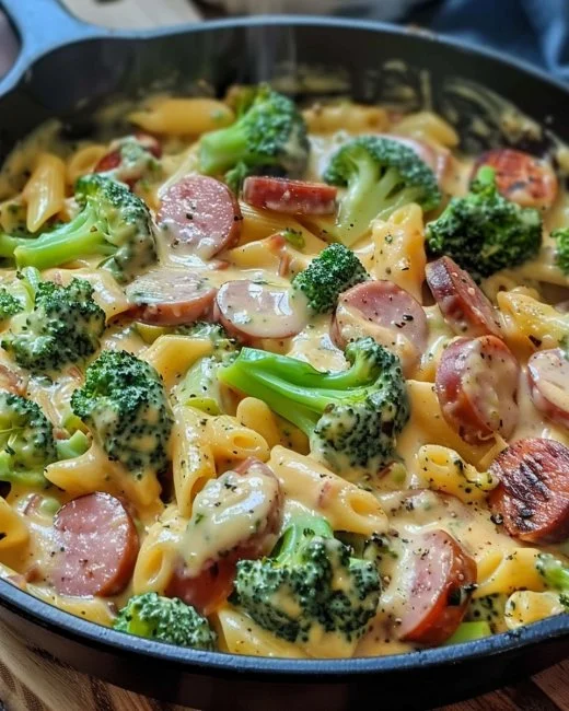 Creamy Kielbasa Broccoli Skillet dish served in a frying pan