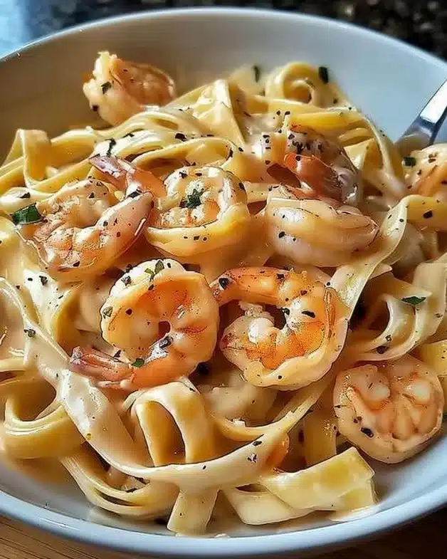 Creamy shrimp fettuccine pasta dish garnished with herbs