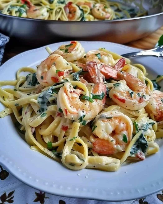 Creamy Tuscan shrimp linguine with herbs and tomatoes served in a bowl