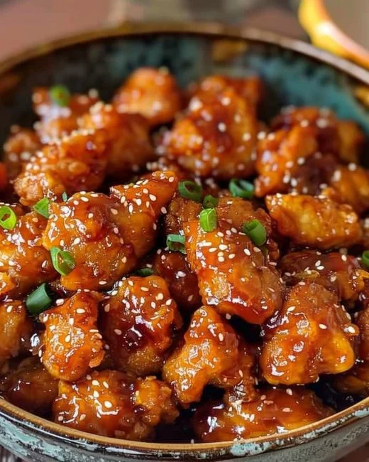 Crispy sesame chicken with sesame sauce served on a plate.
