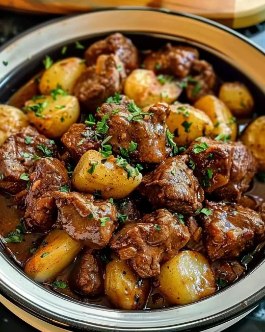 Crockpot Garlic Butter Beef Bites served with herbs and spices