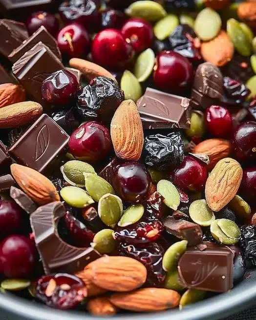Dark Chocolate-Cherry Trail Mix 2 Dark chocolate-cherry trail mix in a bowl, perfect for a healthy snack.