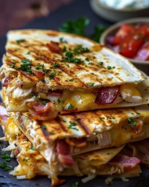Delicious Chicken Bacon Ranch Quesadillas served with dipping sauce