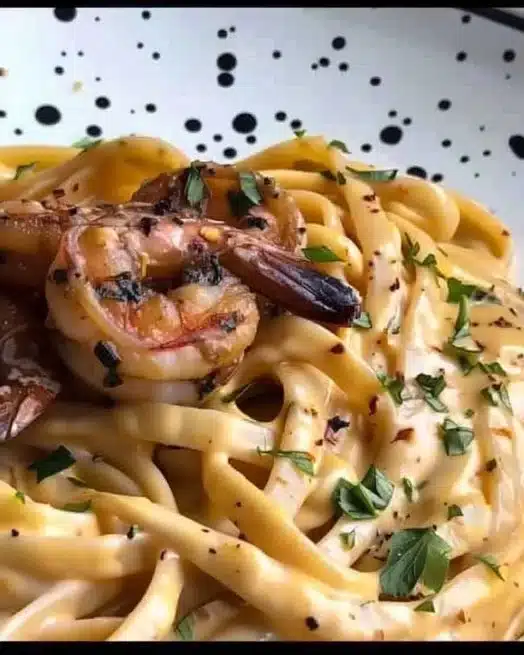 Delicious creamy shrimp linguine served in a bowl with garnishes