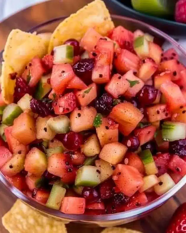 Fruit Salsa with Cinnamon Sugar Tortilla Chips 2 Bowl of colorful fruit salsa served with cinnamon sugar tortilla chips