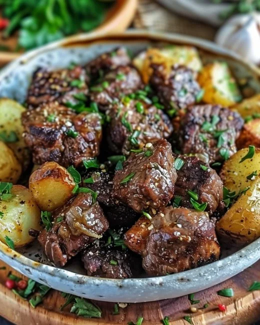 Garlic Butter Beef Bites with Potatoes 2 Garlic Butter Beef Bites with tender potatoes served on a plate