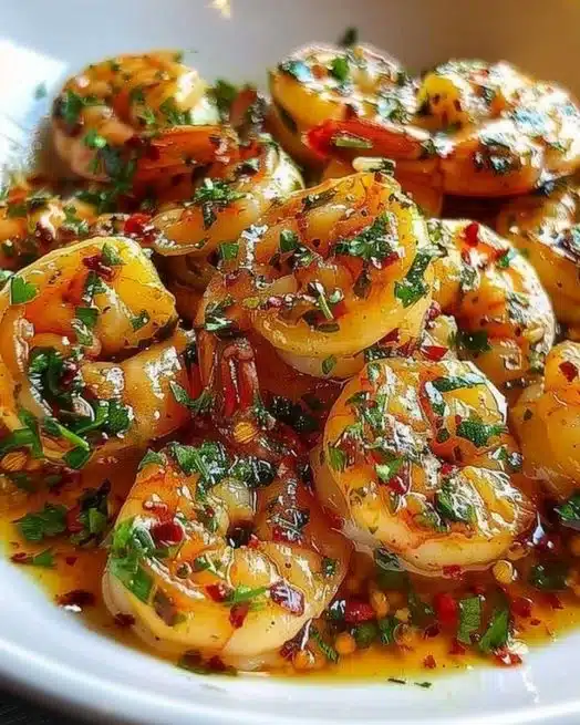 Plate of Garlic Butter Shrimp garnished with herbs