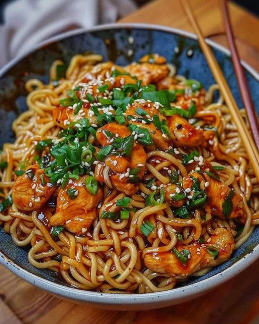Delicious Garlic Chicken Noodles served in a bowl with fresh herbs