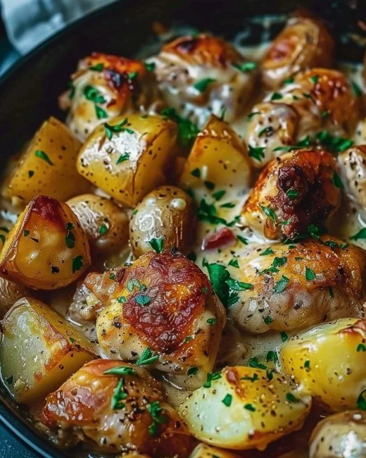 Garlic Parmesan Chicken and Potatoes cooked in a Crockpot