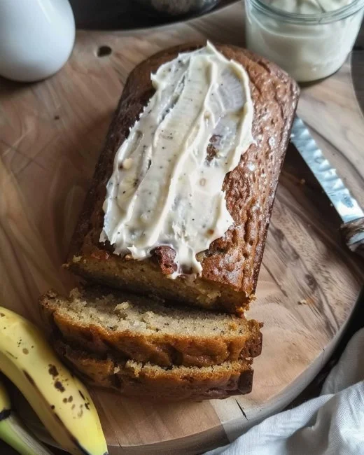Moist gluten-free banana cake topped with fresh bananas and nuts