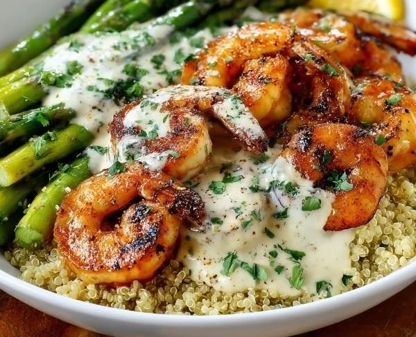 Grilled Shrimp Bowl with Asparagus & Creamy Garlic Sauce 2 Grilled shrimp bowl with asparagus and creamy garlic sauce garnished on a plate.