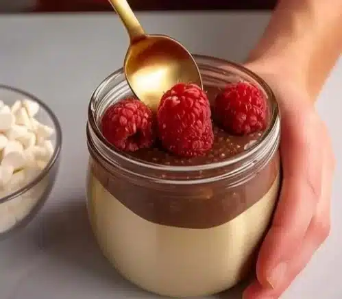 High-Protein Chocolate Chia Pudding 2 Bowl of high-protein chocolate chia pudding topped with berries