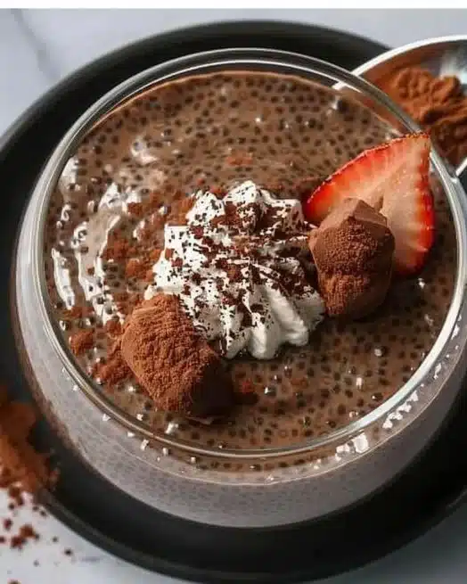 High Protein Chocolate Chia Seed Pudding 2 Delicious high protein chocolate chia seed pudding in a bowl topped with berries