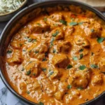 Delicious homemade butter chicken served with rice and naan bread.