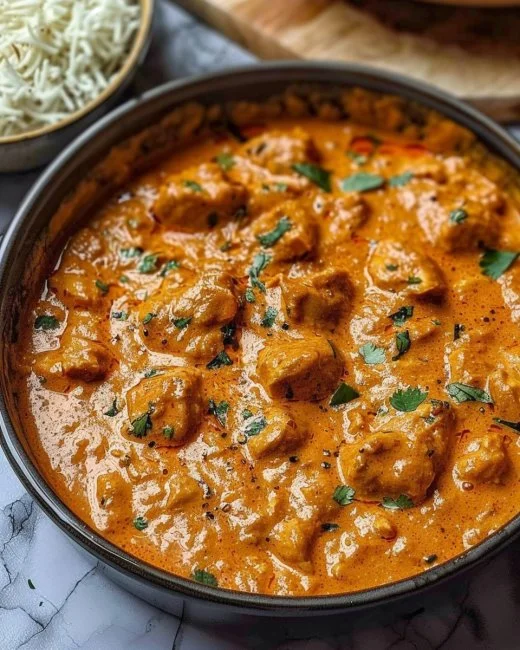 Homemade Butter Chicken 2 Delicious homemade butter chicken served with rice and naan bread.