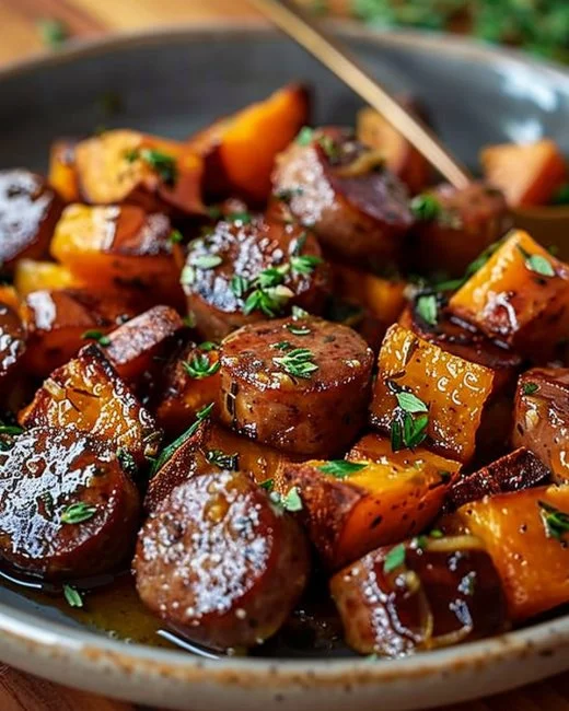 Honey garlic sausage served with roasted sweet potatoes for a delicious meal