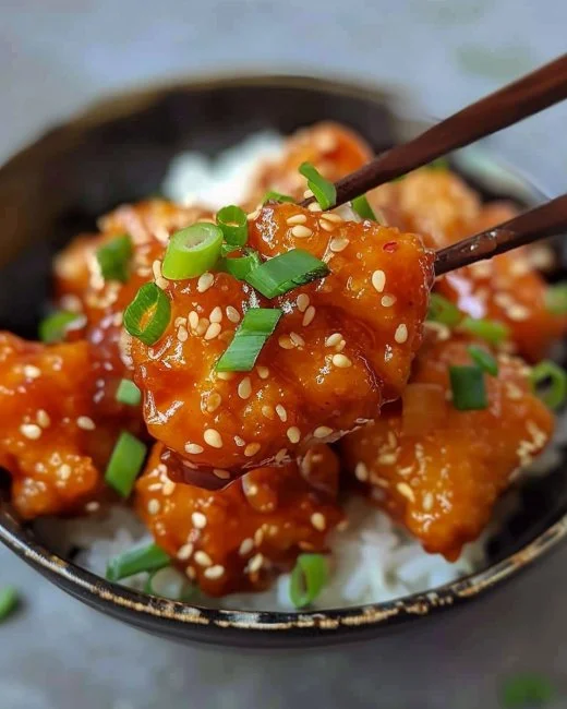 Delicious Honey Sesame Chicken served with vegetables and rice