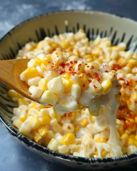 Korean Corn Cheese 2 Korean corn cheese dish with melted cheese and corn served in a bowl